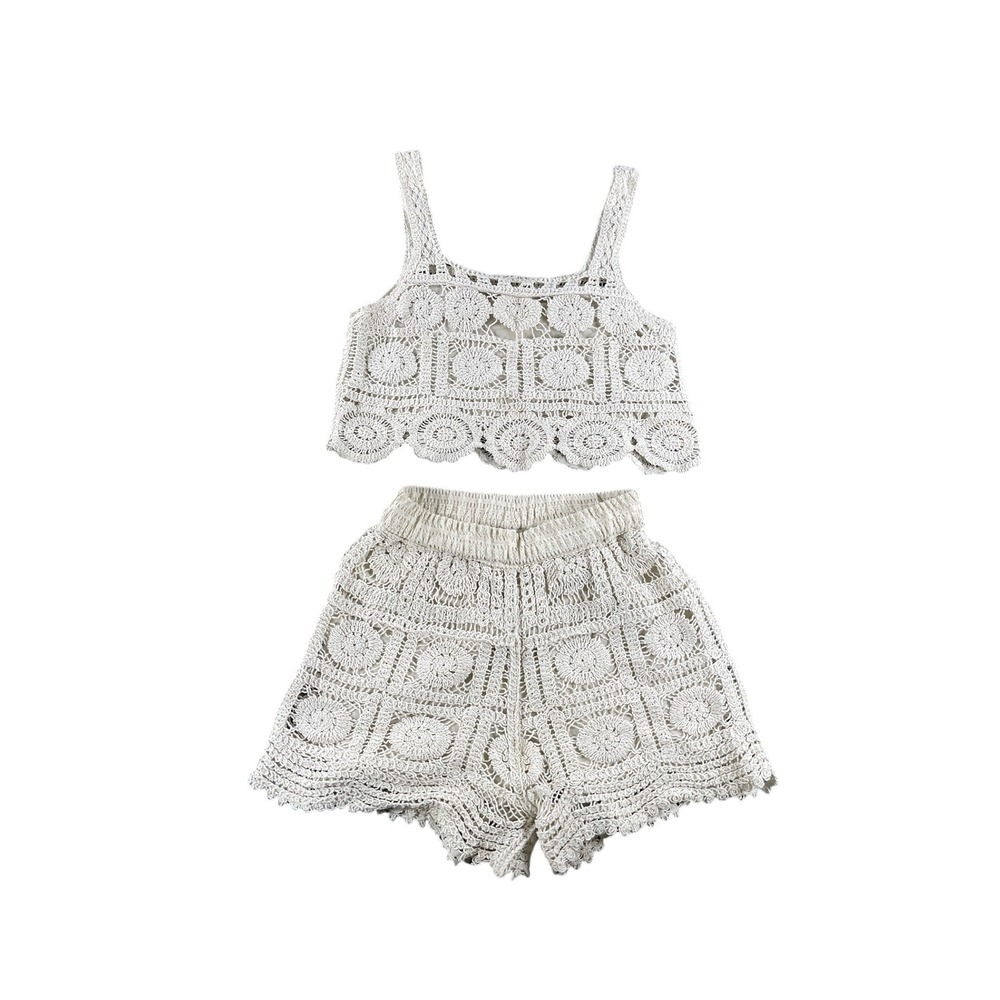 Rebellion Again Crochet Two Piece Set Crop Top and Shorts Cream Boho Medium